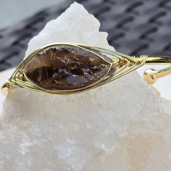 Smoky Quartz ✦ Leaf Wire Wrap Cuff ✦ 14Kt Gold Over Copper w/ Sculptural Crystal - Picture 5 of 12